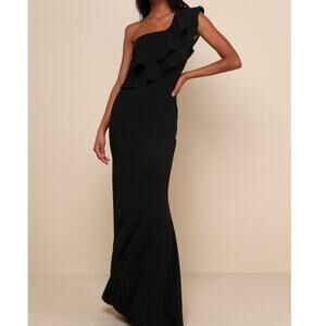 NEW Lulus Grand Beauty Black Ruffled One-Shoulder Mermaid Maxi Dress Large